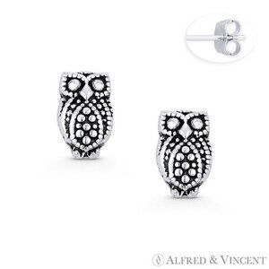 Perched Owl Animal Charm Stud Earrings in Oxidized .925 Sterling Silver